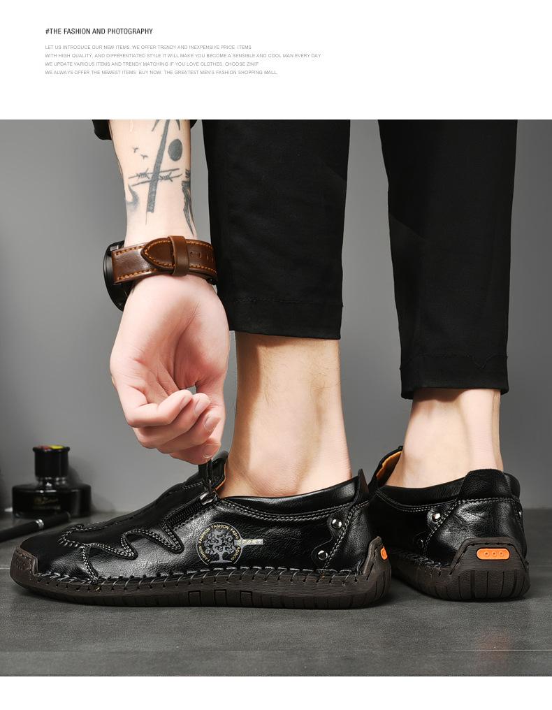 Herren Bequeme Leder-Freizeitschuhe mit Seitlichem Reißverschluss und Handnaht