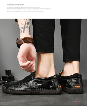 Herren Bequeme Leder-Freizeitschuhe mit Seitlichem Reißverschluss und Handnaht