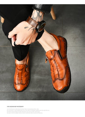 Herren Bequeme Leder-Freizeitschuhe mit Seitlichem Reißverschluss und Handnaht