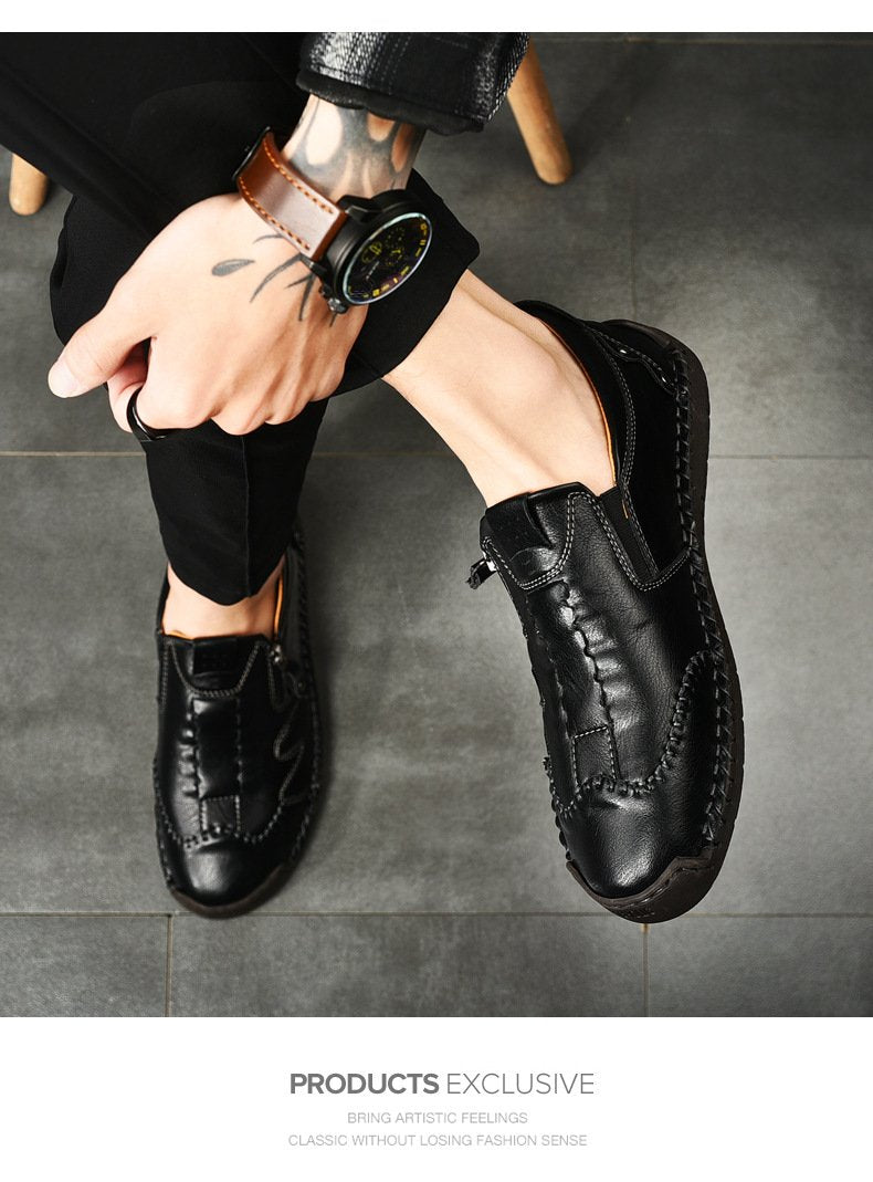Herren Bequeme Leder-Freizeitschuhe mit Seitlichem Reißverschluss und Handnaht