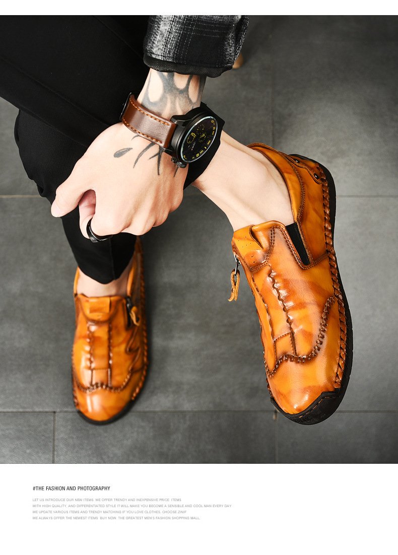 Herren Bequeme Leder-Freizeitschuhe mit Seitlichem Reißverschluss und Handnaht