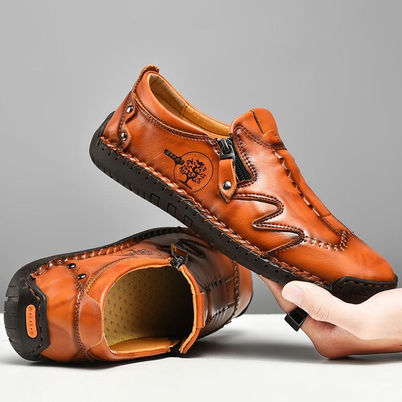 Herren Bequeme Leder-Freizeitschuhe mit Seitlichem Reißverschluss und Handnaht