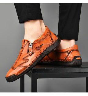 Herren Bequeme Leder-Freizeitschuhe mit Seitlichem Reißverschluss und Handnaht