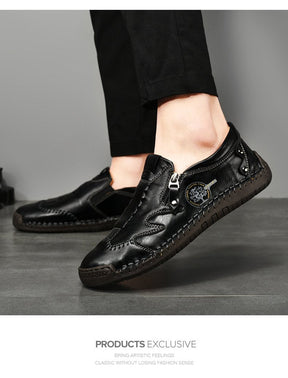 Herren Bequeme Leder-Freizeitschuhe mit Seitlichem Reißverschluss und Handnaht