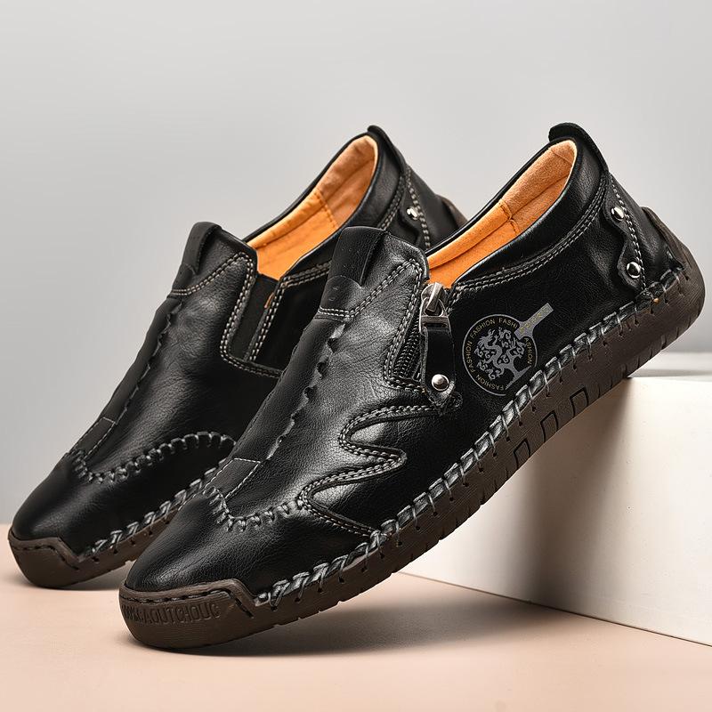 Herren Bequeme Leder-Freizeitschuhe mit Seitlichem Reißverschluss und Handnaht