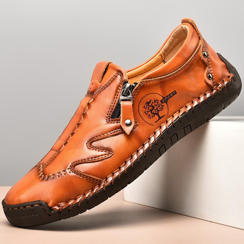 Herren Bequeme Leder-Freizeitschuhe mit Seitlichem Reißverschluss und Handnaht